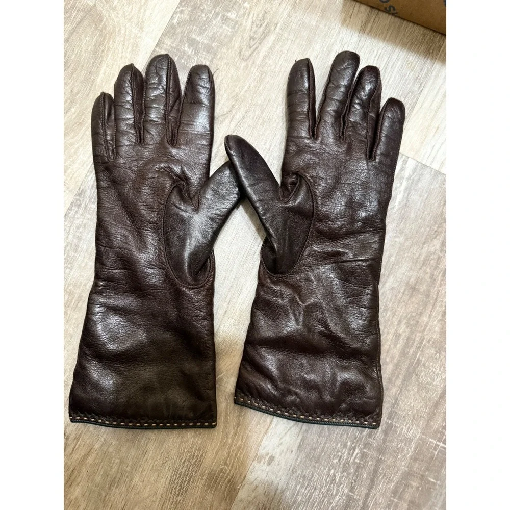 Coach Leatherware Est 1941 Dark Brown Leather Gloves Gold Logo Button Womens S